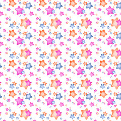 Hand drawn watercolor different colored and shaped stars as seamless pattern on white background. Aquarelle backdrop for web design, fabric, cards..