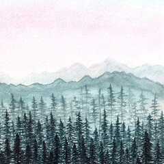 Hand drawn watercolor forest lanscape mock up in pink and green tones with copy space. Iillustration of coniferous wood and mountains. Design elements.
