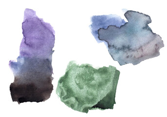 Hand drawn watercolor textured multicolored set gradient blur spot dot in green, black, violet blue colors as design element.Isolated aquarelle drop as empty mock up.