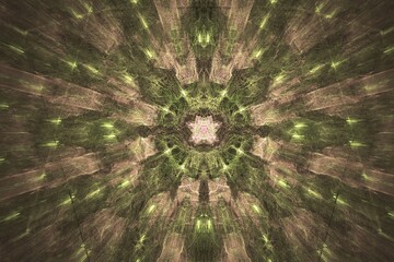 Brown green blurred pattern of curved waves and strokes on a black background. Abstract fractal 3D rendering