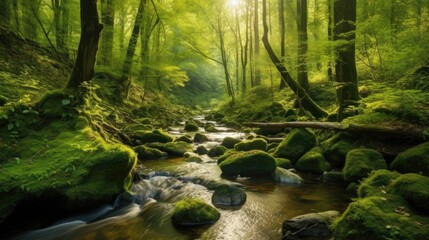 Green forest in sunlight with forest stream, Generative AI