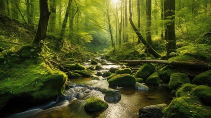 Obraz premium Green forest in sunlight with forest stream, Generative AI
