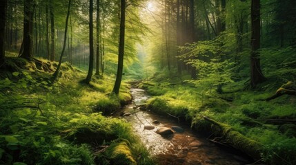 Obraz premium Green forest in sunlight with forest stream, Generative AI