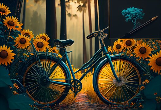 a painting of a bicycle with a basket of flowers on the front of it parked next to a tree in a forest with sunflowers. generative ai