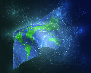 World map,  vector flag, virtual abstract 3D object from triangular polygons on a blue background