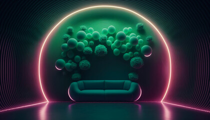 Empty studio room, futuristic living room design with sofa and 3d flowers walls pattern. Night club design with glowing colored neon lights. Generative AI