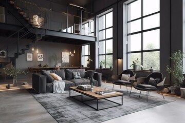Living room loft in industrial style | living room and decorating ideas with modern mid county furniture | Minimalist industrial loft conversion living room , Generative AI