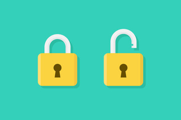 Padlock icon sign symbol flat, locked and unlocked, flat design vector illustration