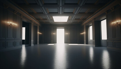 Empty classic luxury dark studio room interior with gray and black colors. Hallway or corridor with big windows. Modern design. Generative AI