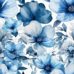 Blue pastel watercolor flowers seamless pattern, created with generative AI