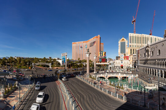 Las Vegas, United States - November 24, 2022: A picture of the area around the Venetian Las Vegas, with the Treasure Island - TI Hotel and Casino, a Radisson Hotel at the far center.