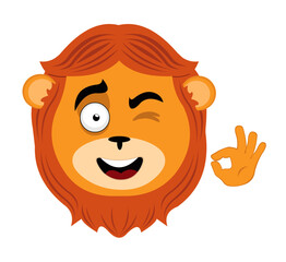 vector illustration face of lion animal cartoon, winking eye and with his hand making an ok or perfect gesture
