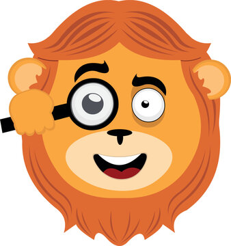 vector illustration face of a lion cartoon watching with a magnifying glass