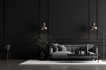 The stylish composition at living room interior with minimal design | Spacious long living room with dark design | interior of modern living room ,Generative AI