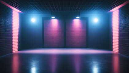 Empty dark room interior with black brick and pink light. Copy place. Garage, hall, tunnel, building, basement. Generative AI