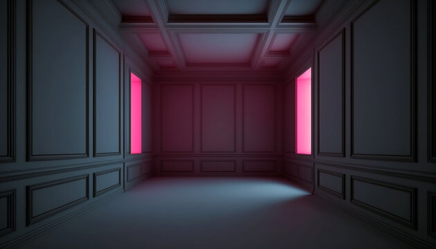 Empty vintage old dark room interior with classic black walls and pink light. Retro style design. Background, wallpaper. Generative AI