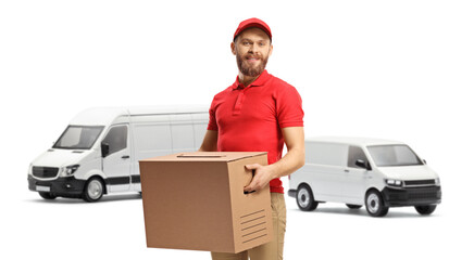 Delivery man with white vans carrying a cardboard box