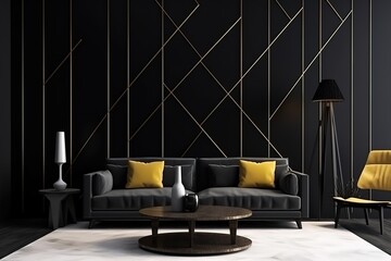 interior of modern living room | Stylish living room interior with comfortable dark wall | Modern interior living room design and black wall pattern texture background ,Generative AI