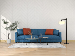 Living room interior in modern style, 3d render with sofa and decorations.