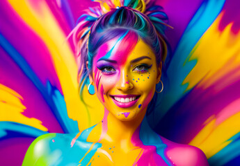 Fototapeta premium Naked smiling woman in creative bright colorful body art with decorative makeup made of colored paint with hair. Background painted abstractly with colored paint. Generative AI.