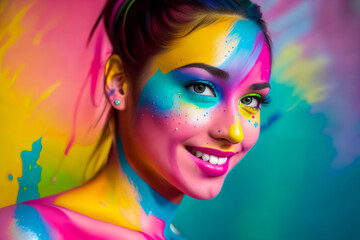Obraz premium Naked smiling woman in creative bright colorful body art with decorative makeup made of colored paint with hair. Background painted abstractly with colored paint. Generative AI.