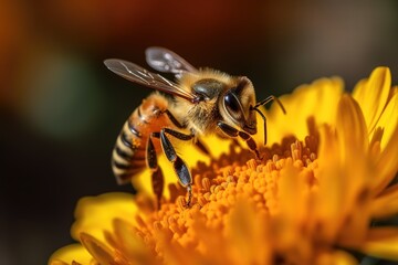 Close up shot of bee collecting pollen in a yellow flower. Macro close up shot. Generative AI