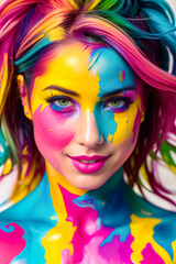 Naked smiling woman in creative bright colorful body art with decorative makeup made of colored paint with hair. Background painted abstractly with colored paint. Generative AI.
