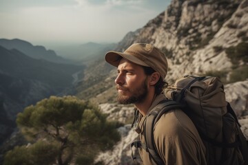 Man hiking at top of the mountain alone. Generative AI