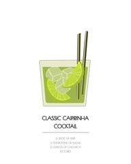 Old fashioned retro caipirinha. Isolated summer green cocktail receipt on white background in color. Vector vintage bar cart poster illustration in flat style