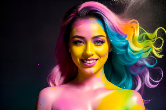 Naked smiling woman in creative bright colorful body art with decorative make-up with splashes of colored powder at Holi festival in India. Black background. Generative AI.
