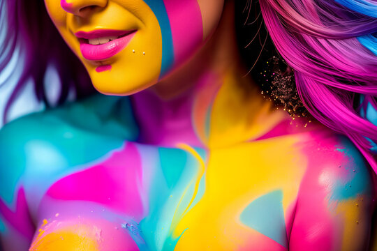 Naked smiling woman in creative bright colorful body art with decorative make-up with splashes of colored powder at Holi festival in India. Abstract painted background. Generative AI.