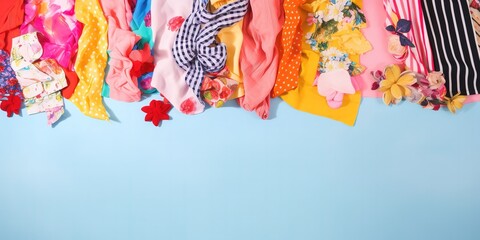 Pieces of colorful fabrics and clothes over light blue background with copy space. Generative AI