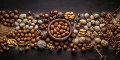 Layout of different varieties of nuts over wooden background. Generative AI