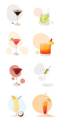 Vector Set of summer cocktails with decor elements  in bright color on white background in cartoon style