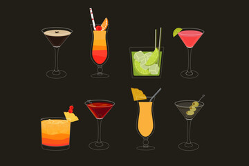 Set of summer cocktails with decor elements in color flat style. Black background vector illustration