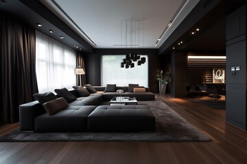 Home interior, modern dark living room interior, black empty wall mock up | Modern luxury living room | Modern interior living room design | Spacious long living room with dark design, Generative AI