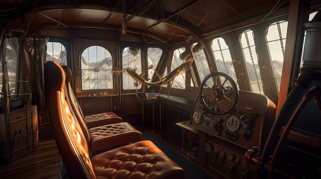 Victorian steampunk airship living room interior design generative ai