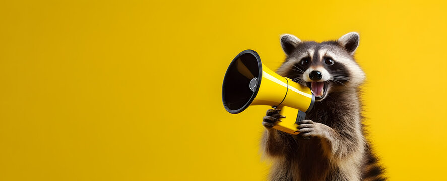 Abstract art. Colorful art style of a racoon holding a yellow megaphone. Generative AI.