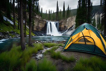 Camping in tent by waterfall, Generative AI