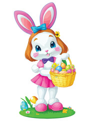 Cute white rabbits in various poses with white backgrounds. colorful Easter eggs vector illustration for kids and adults. Happy Spring holiday