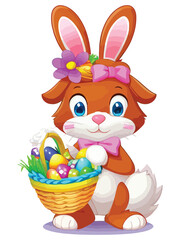 Cute white rabbits in various poses with white backgrounds. colorful Easter eggs vector illustration for kids and adults. Happy Spring holiday