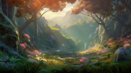 Obraz na płótnie Canvas Ethereal landscape with forest and sun