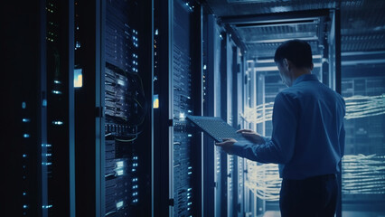Fototapeta premium Person in a data server center, a global data network created by generative ai