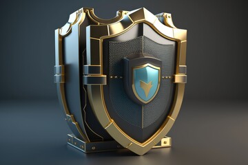 3d illustration of golden shield on dark background. Security concept