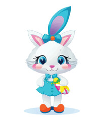 Fototapeta na wymiar Cute white rabbits in various poses with white backgrounds. colorful Easter eggs vector illustration for kids and adults. Happy Spring holiday