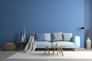 Mock up wall in steel blue modern interior background, living room, Scandinavian style | bright living room interior with royal blue couch | living room with a blue accent wall, Generative AI