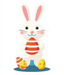 Cute white rabbits in various poses with white backgrounds. colorful Easter eggs vector illustration for kids and adults. Happy Spring holiday