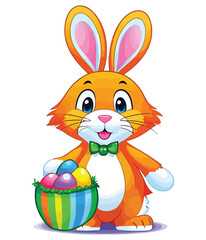 Cute white rabbits in various poses with white backgrounds. colorful Easter eggs vector illustration for kids and adults. Happy Spring holiday