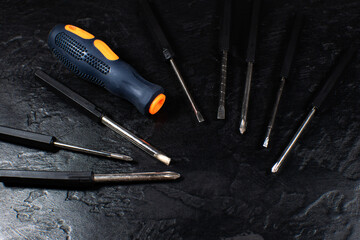 Different types of screwdrivers. Working instruments for maintenance repairing works. Set of tools.