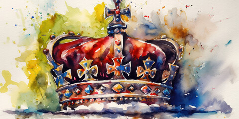 British Crown of Jewels on United Kingom flag watercolor painting